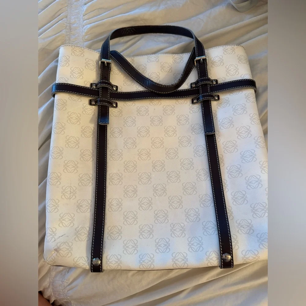 Loewe White and Dark Brown Anagram Canvas Tote